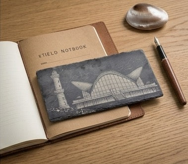 Schiefertafel „Warnemünde“ – Teepott &amp; Leuchtturm | 35 × 15